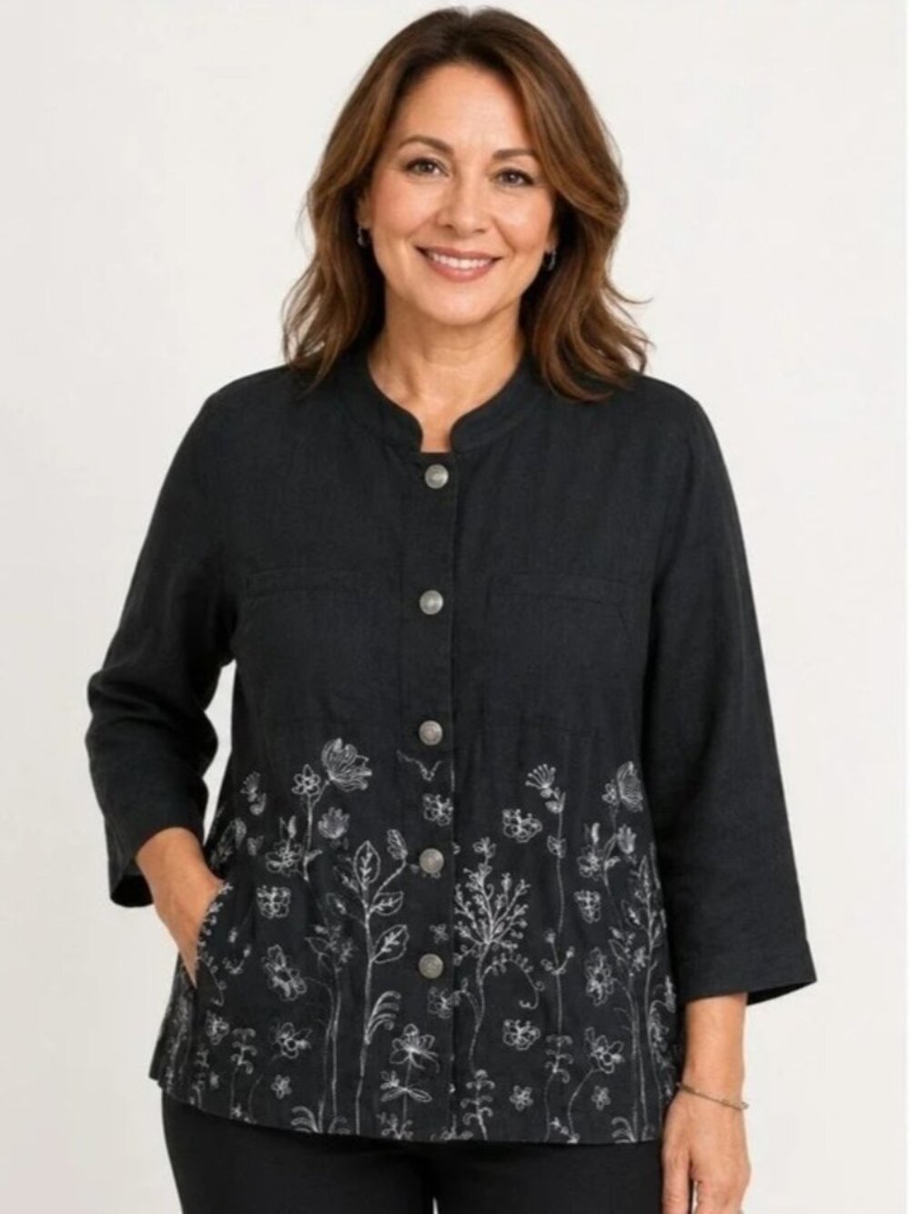 Christopher & Banks Linen Rayon Blend Floral Embroidered Button Up Jacket Top, M
